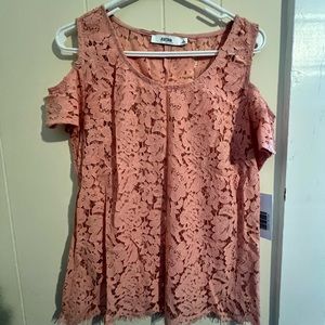 Rose, pink, see-through, laced, cold, shoulder top